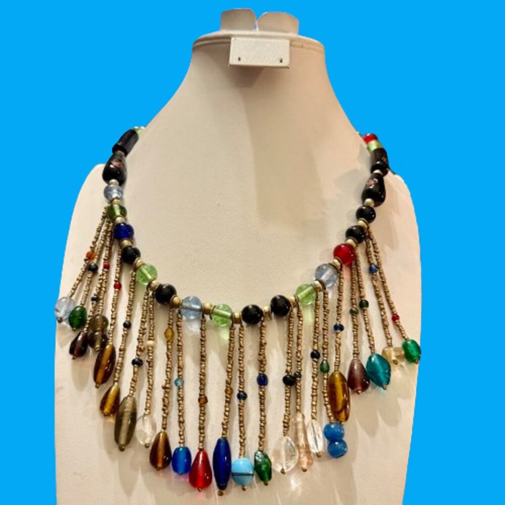 Vintage Tribal Boho Colorful Glass Beaded Waterfall Necklace